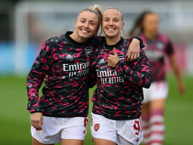 Beth Mead (right) and Leah Williamson of Arsenal warm up before theChampions League match against Slavia Prague