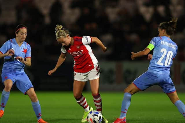 Beth Mead, centre, in action for Arsenal Women against Slavia Prague