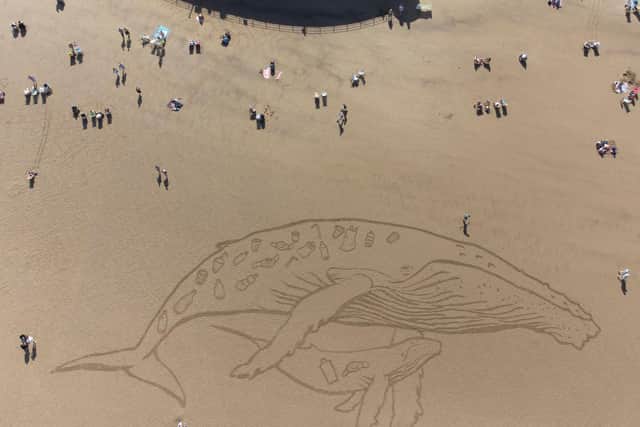 Beach-goers look at the artwork on Whitby beach, showing a 50m humpback whale and calf filled with plastic, to highlight the dangers of sea pollution.