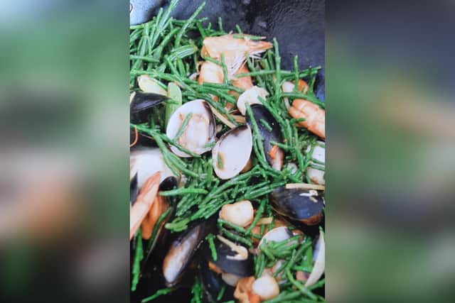 Shellfish and samphire stir fry.