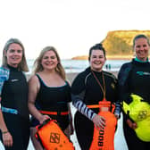 Pre swim, from left, Amy Tamblin, Diane Tricker, Sam Weighell, Louise Parkin, Roxanne Woolcott (Erik Woolcott)