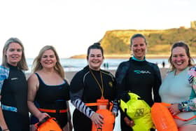 Pre swim, from left, Amy Tamblin, Diane Tricker, Sam Weighell, Louise Parkin, Roxanne Woolcott (Erik Woolcott)