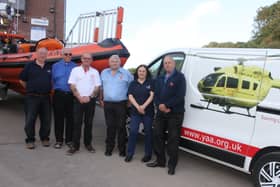 Father Tony Wilson presented cheques to Flamborough RNLI, Flamborough Pre School and Yorkshire Air Ambulance following a special service and blessing of the Flamborough Lifeboat. Photo courtesy of Flamborough RNLI.