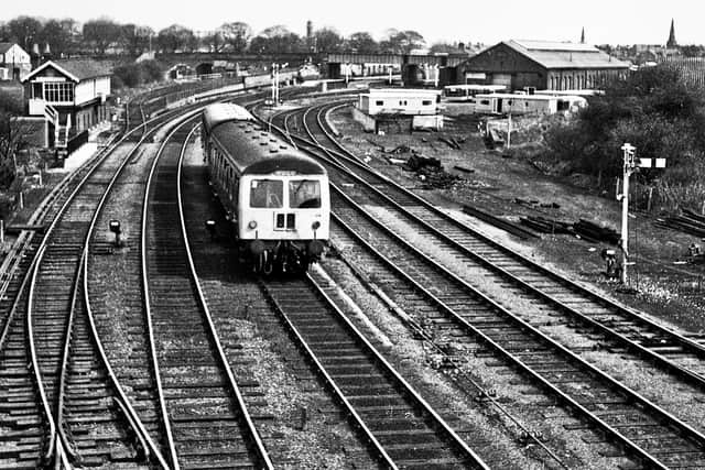 Looking north from Bessingby Road Bridge (A165) on April 23, 1976, a two-car Cravens DMU departs for Hull. Bridlington South signal box (renamed simply ‘Bridlington’ in 1998) is on the left. Photo: D.C. Pearce