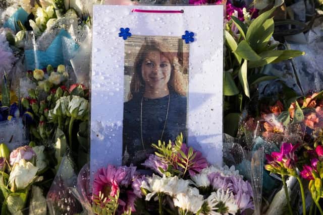 Flowers surround the Clapham Common bandstand memorial to murdered Sarah Everard'. (Photo by Dan Kitwood/Getty Images)