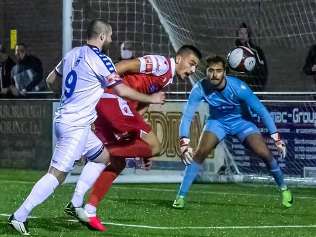 Will Thornton (Boro) and Bradley Fewster (Whitby) in action in the Yorkshire Coast derby