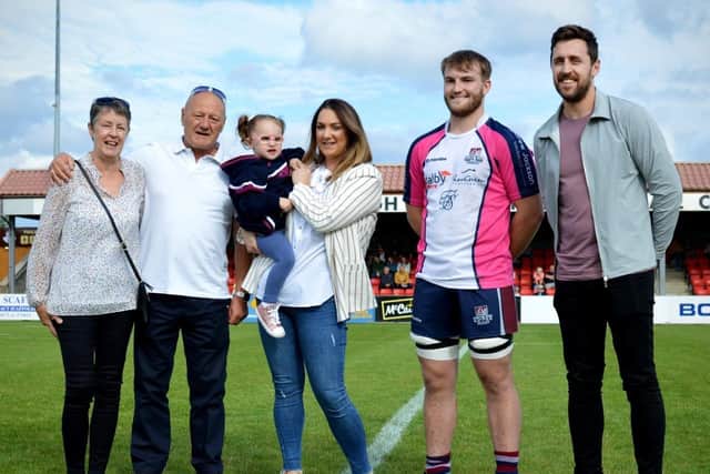 The Scarborough RUFC v Morley matchday mascot Mollie Sill with mum Elisha, on the right are Scarborough RUFC captain Drew Govier, and Mollie’s dad Matthew, with Matthew’s parents Dave and Jackie on the left