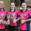 From left, the North Bay aces Lawrence Moffat, Bronagh Toleman, and Lee Toleman who won Short Mat Bowls National Championships in Melton Mowbray