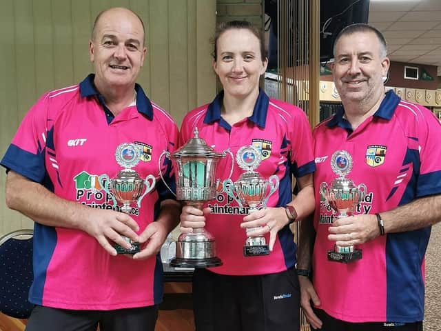 From left, the North Bay aces Lawrence Moffat, Bronagh Toleman, and Lee Toleman who won Short Mat Bowls National Championships in Melton Mowbray