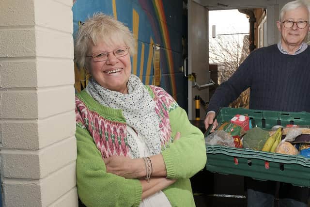 The Rainbow Centre's Trish Kinsella and volunteer and Andrew Carter promoting the 2020 christmas food appeal