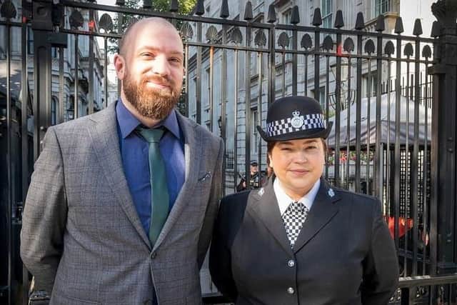 PC Laura Kelly at the Police Bravery Awards in London, with her partner Adam Varney, also a police officer.