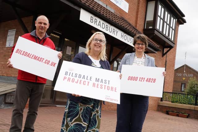 Promoting the Bilsdale helpline - Gavin Coleman, Community Development Co-ordinator at Thirteen Group Rosie Mowatt, head of communications Arqiva and Helen Hunter, chief exec North Yorkshire & Darlington Age UK.