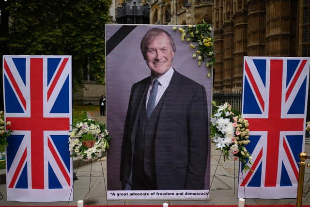 A tribute to Sir David Amess outside Parliament. (Leon Neal/Getty Images)