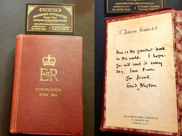 The coronation bible and, right, the inscription. (Pickering Antiquities)