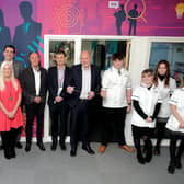 Simon Morritt opens the new suite with MP Robert Goodwill and guests Simon Bull, Nick Sharples, Sue Richards, Principle Lee Kilgour, Peter Wilkinson, Ed Smith and students Illam, Holly ,Caitlin and Natalie.