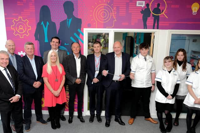 Simon Morritt opens the new suite with MP Robert Goodwill and guests Simon Bull, Nick Sharples, Sue Richards, Principle Lee Kilgour, Peter Wilkinson, Ed Smith and students Illam, Holly ,Caitlin and Natalie.