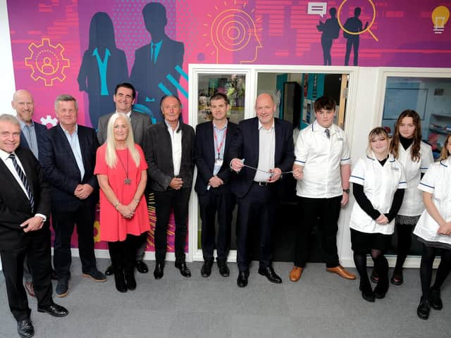 Simon Morritt opens the new suite with MP Robert Goodwill and guests Simon Bull, Nick Sharples, Sue Richards, Principle Lee Kilgour, Peter Wilkinson, Ed Smith and students Illam, Holly ,Caitlin and Natalie.