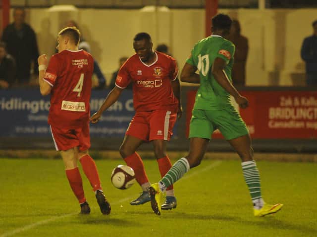 Harold Monkam in action for Bridlington Town in the 1-1 draw at home to Frickley
Photos by Dom Taylor - available to order by Emailing s70dom@gmail.com or on Facebook at DT Sports Photographs