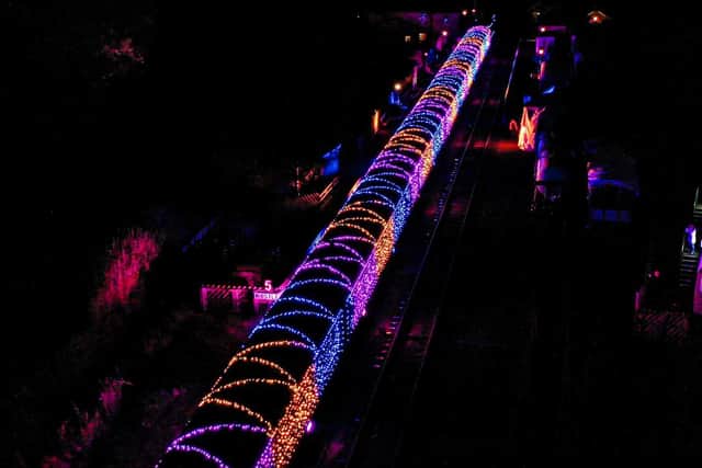 View from above of the The Light Spectacular train at the North Yorkshire Moors Railway.