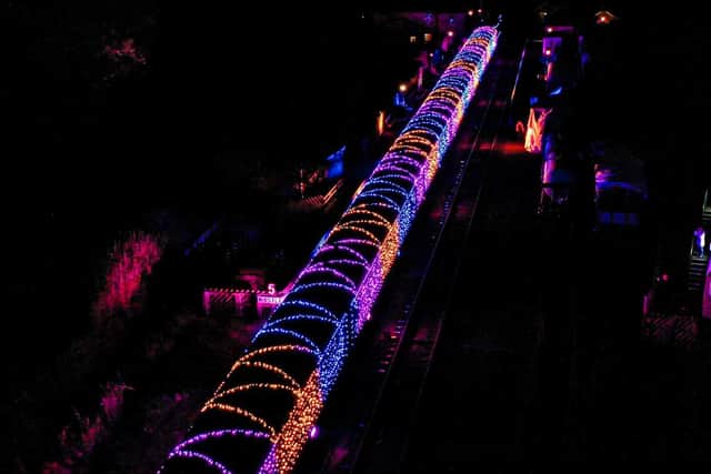 View from above of the The Light Spectacular train at the North Yorkshire Moors Railway.