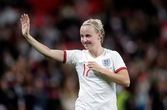 Beth Mead of England shows appreciation to the fans after the FIFA Women's World Cup 2023 Qualifier group D match between England and Northern Ireland at on October 23, 2021(Photo by Henry Browne/Getty Images)