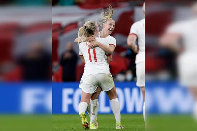 Beth Mead celebrates with Lauren Hemp after scoring their teams fourth goal during the FIFA Women's World Cup 2023 Qualifier group D match between England and Northern Ireland (Photo by Henry Browne/Getty Images)