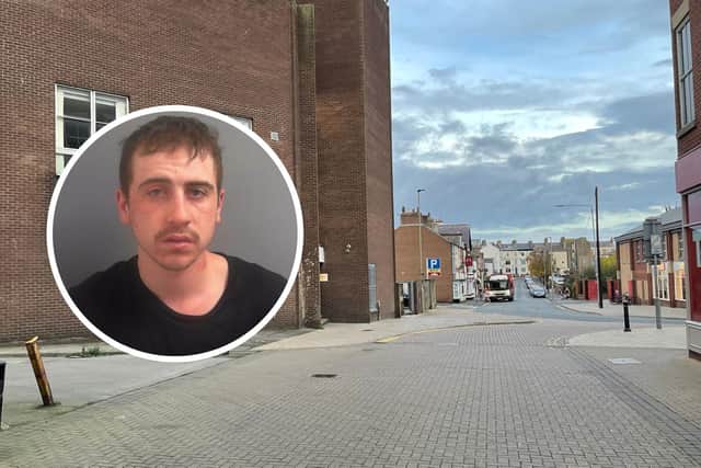 Ben Collins, inset, has been jailed after he attacked a 66-year-old man in Scarborough town centre.
