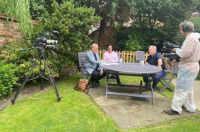 Mike Padgham with Ed Balls during filming for the documentary