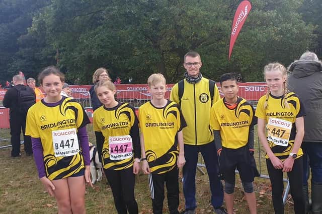 The Bridlington Road Runners juniors at the ECCA National Cross Country Relays at Mansfield. From left, are Isabella Jackson, Becky Miller, Louis Dixon, coach Josh Taylor, Alija Balleza and Rebecca Addison