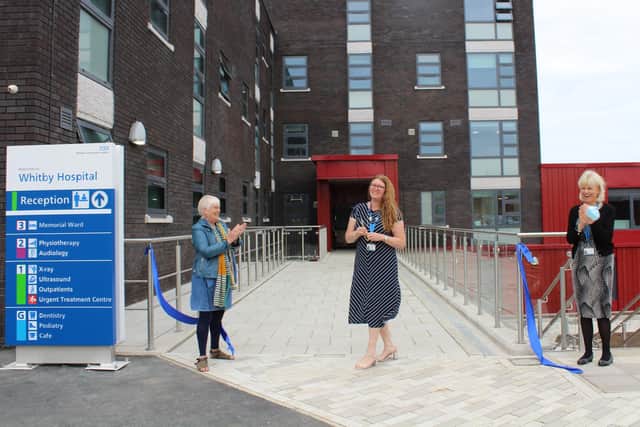 From left: Doff Pollard, Whitby Governor; Sharon Mays, former Chair of Humber Teaching NHS Foundation Trust and Michele Moran, Chief Executive, outside the new Whitby Hospital tower block.