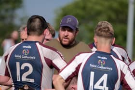 Matty Jones talks to his Scarborough RUFC players at half-time