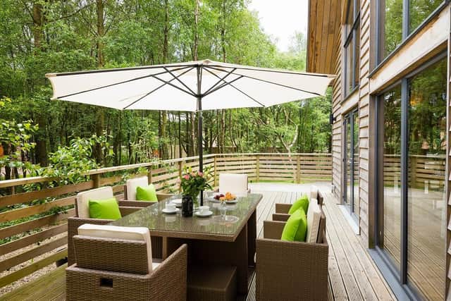 Lodge outside seating at Ladycross Plantation caravan park, Egton.