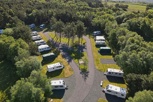 View from air of Ladycross Plantation caravan park and woodland lodges.