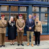 Royal Electrical and Mechanical Engineers (REME) servicemen and women were treated to fish and chips at The Royal Fisheries in Whitby, with Town Mayor Cllr Linda Wild, Adrian Fusco and Carol Fusco of Ryal Fisheries.