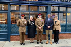 Royal Electrical and Mechanical Engineers (REME) servicemen and women were treated to fish and chips at The Royal Fisheries in Whitby, with Town Mayor Cllr Linda Wild, Adrian Fusco and Carol Fusco of Ryal Fisheries.