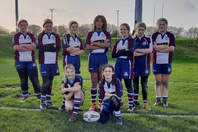 Scarborough RUFC Girls Under-13s before their game at Sandal Rugby Club.