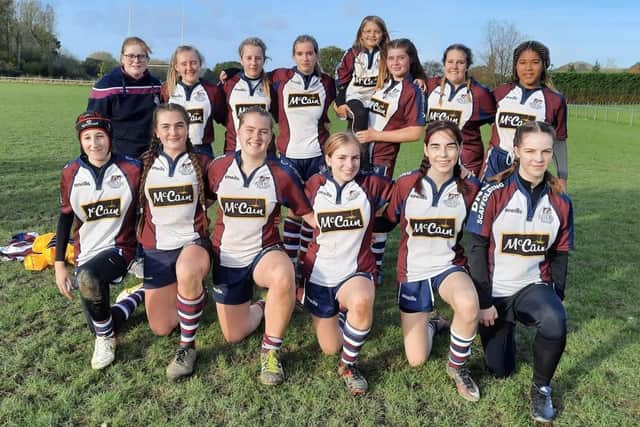 Scarborough RUFC Girls Under-18s before their game at Sandal Rugby Club.