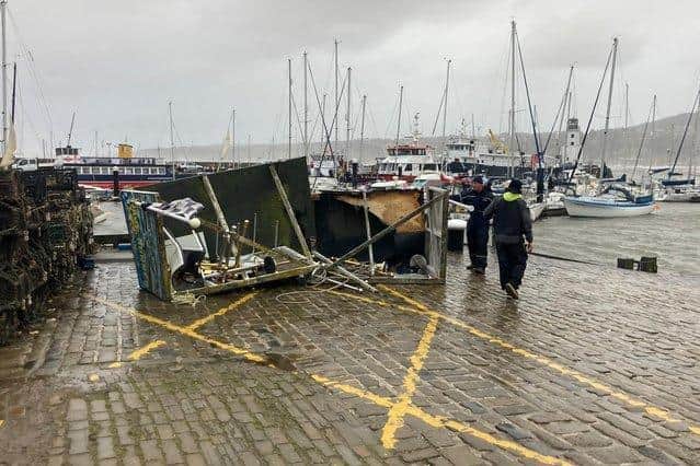 A wrecked kiosk was also pictured in storm-hit Scarborough harbour. [Image credit: James Corrigan]