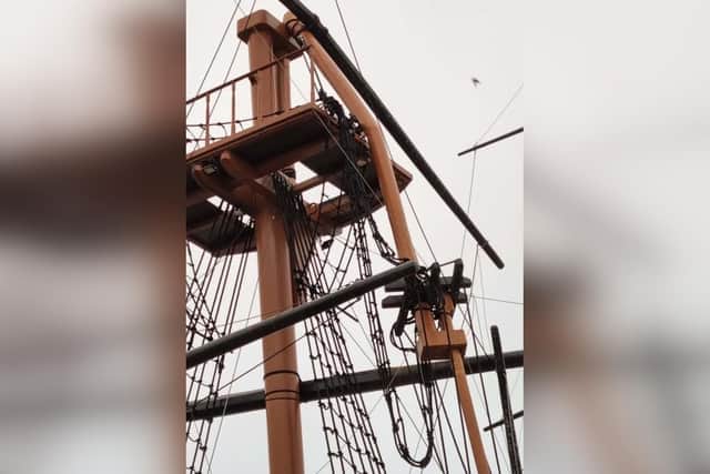 The snapped main mast on the Endeavour attraction - picture by Alan Wastell.