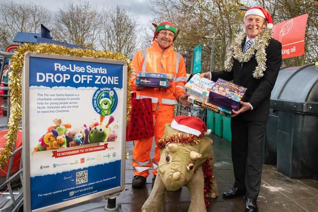 Pictured at a collection point at one of the household waste recycling centres are Tony Horan of Yorwaste and Cllr Derek Bastiman.