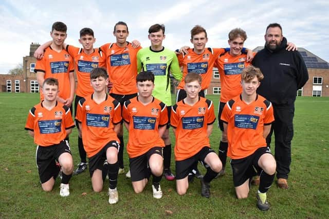 Scarborough Sixth Form College Reserves in their new kit sponsored by City Plumbing. Back Row L-R Archie McNaughton, Josh Kelly, Luqa Borg, Ollie Cooper, Tom Benson, Sam Hampton, Dan Cooper (City Plumbing branch manager). Front Row L-R Callum Andrews, Caleb Potter, Flynn Moss, Finlay Wilson, Frazer Ives