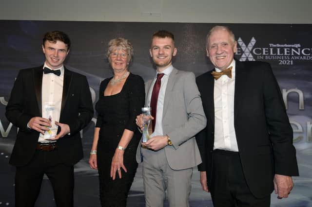 Joint winners of Apprentice of the Year, the Frank McMahon Memorial Award, Matthew Walker, left, of Deep Sea Electronics, and Jacob Jackson, of Castle Employment Group, with compere Harry Gration and Chris McMahon, from sponsors the family of Frank McMahon.