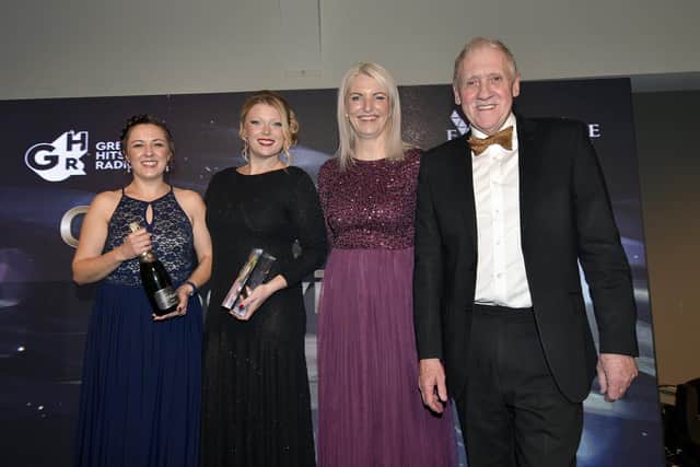 The award for Best Medium Business of the Year went to Cura Financial Services Ltd, of Filey, pictured with compere Harry Gration and Claire Wardle, of sponsors Greatest Hits Radio - Yorkshire Coast.