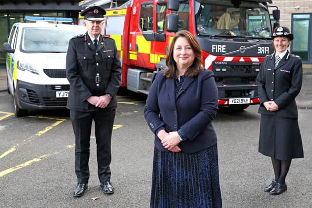 North Yorkshire Police, Fire and Crime Commissioner Zoë Metcalfe (centre) with Interim Chief Fire Officer Jonathan Foster (left) and Chief Constable Lisa Winward (right).