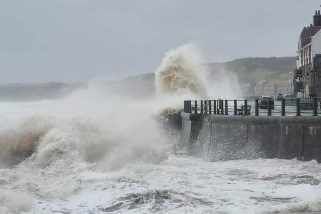 Waves batter Sandsend seafront during Storm Arwen.
