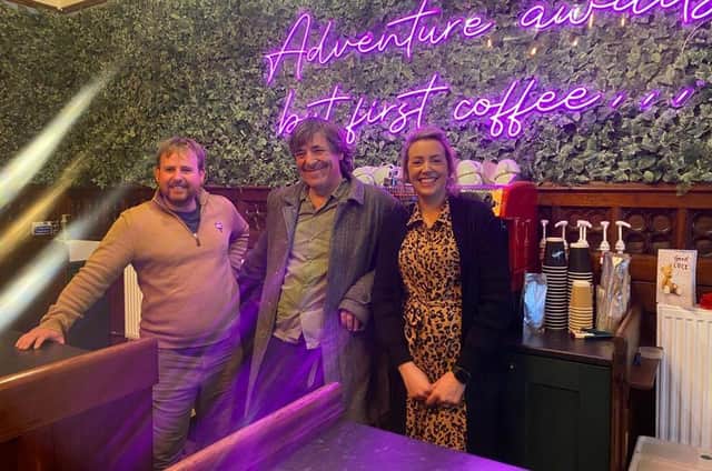 Edwin and Izzy Jowsey at the Brunswick Centre, Whitby, with BBC Radio 4’s Mark Steel.