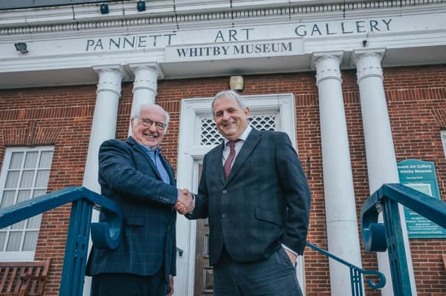 Exhibition designer Colin Pyrah and John Tindale's son David Tindale celebrating what would have been John's 100th birthday. picture: Matthew Storm Cooper