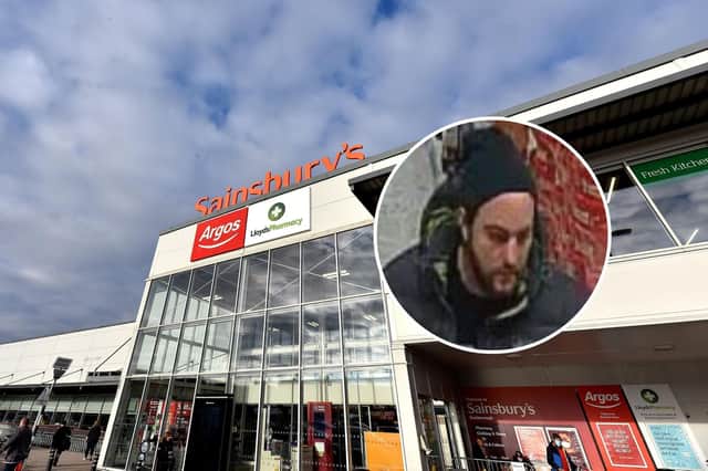 A brazen thief, pictured inset, shoplifted a large amount of alcohol and chocolate mid-afternoon from Scarborough Sainsbury's.