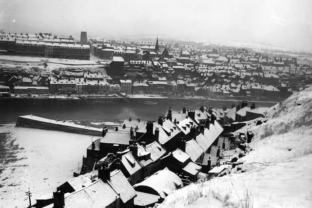 Whitby under snow, picture taken from St Mary's Church in1956 by John Tindale.