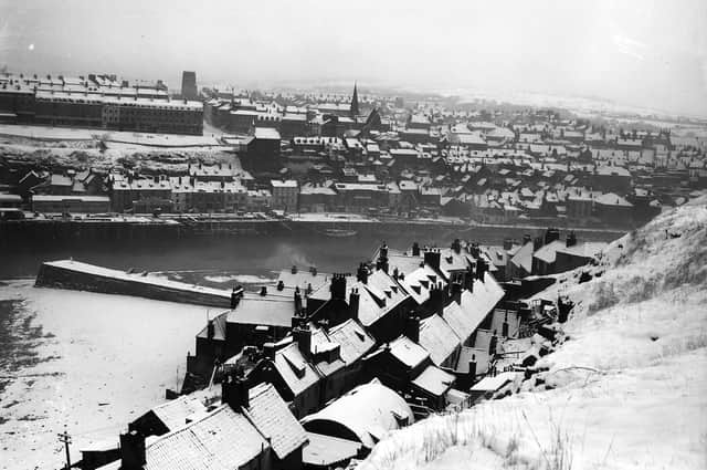 Whitby under snow, picture taken from St Mary's Church in1956 by John Tindale.